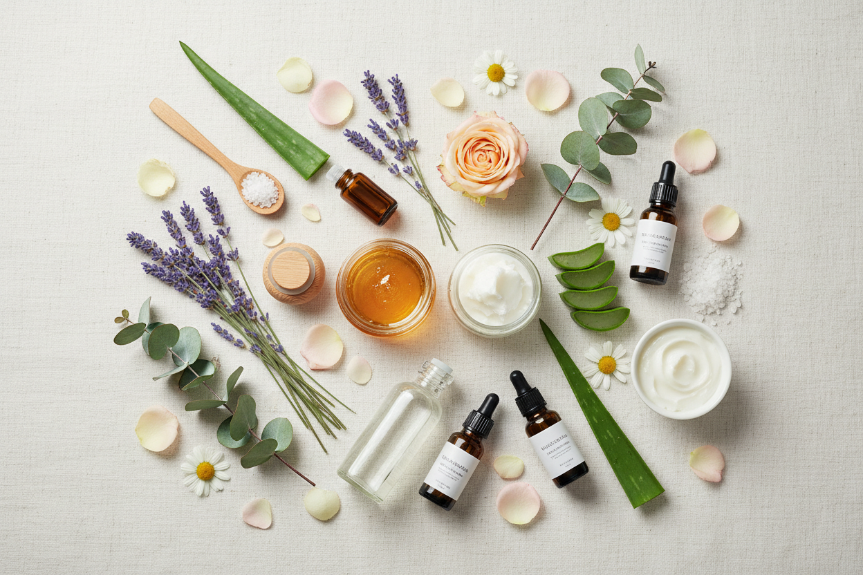 give me an image with natural ingredients used for skincare products to use as banner